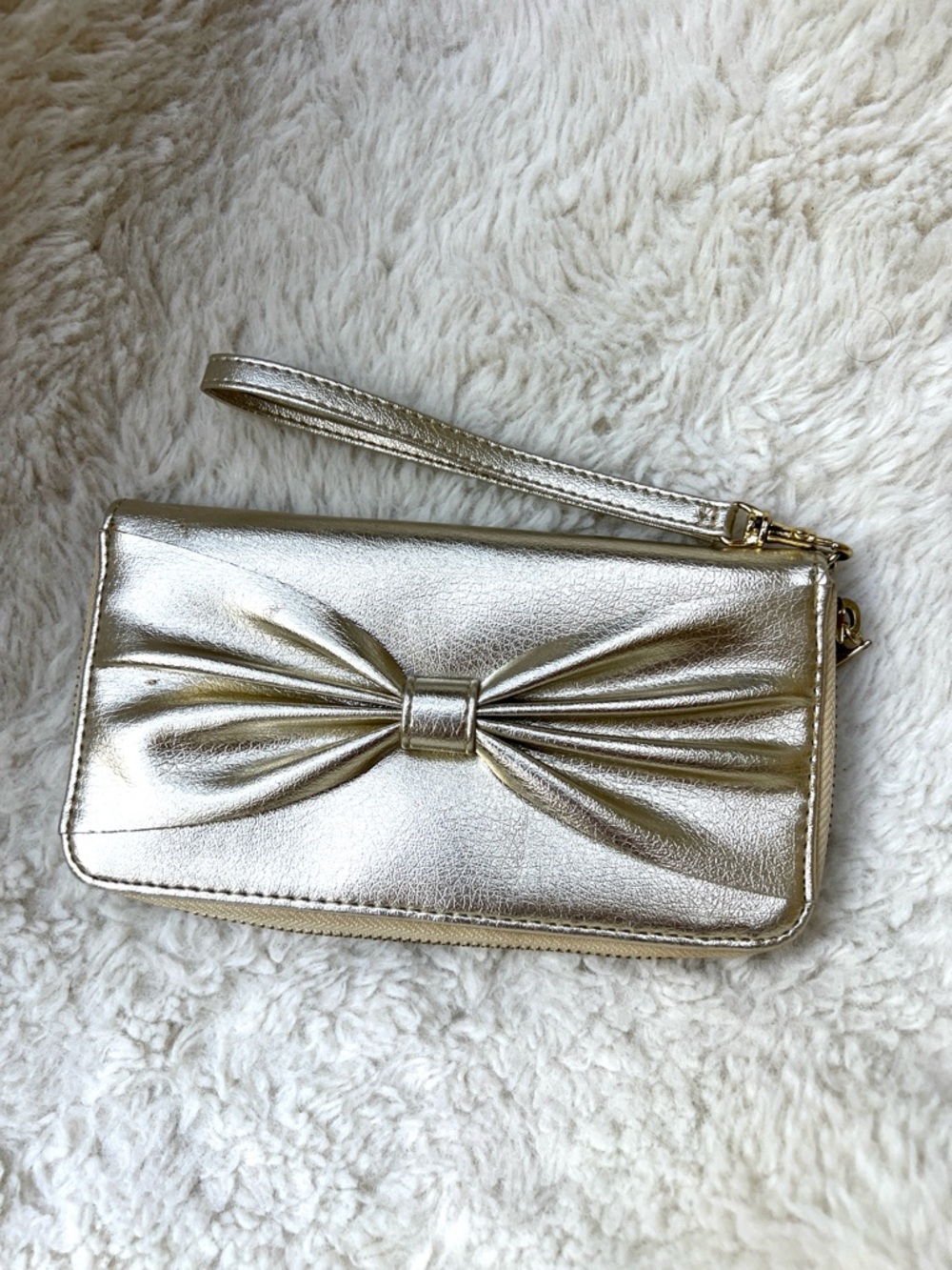 Metallic Gold Bow Front Clutch Wristlet Wallet Zipper Prom Wedding Formal